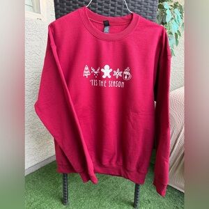 Festive Red Holiday Sweater, burgundy ‘Tis the season, snowflake, gingerbread
